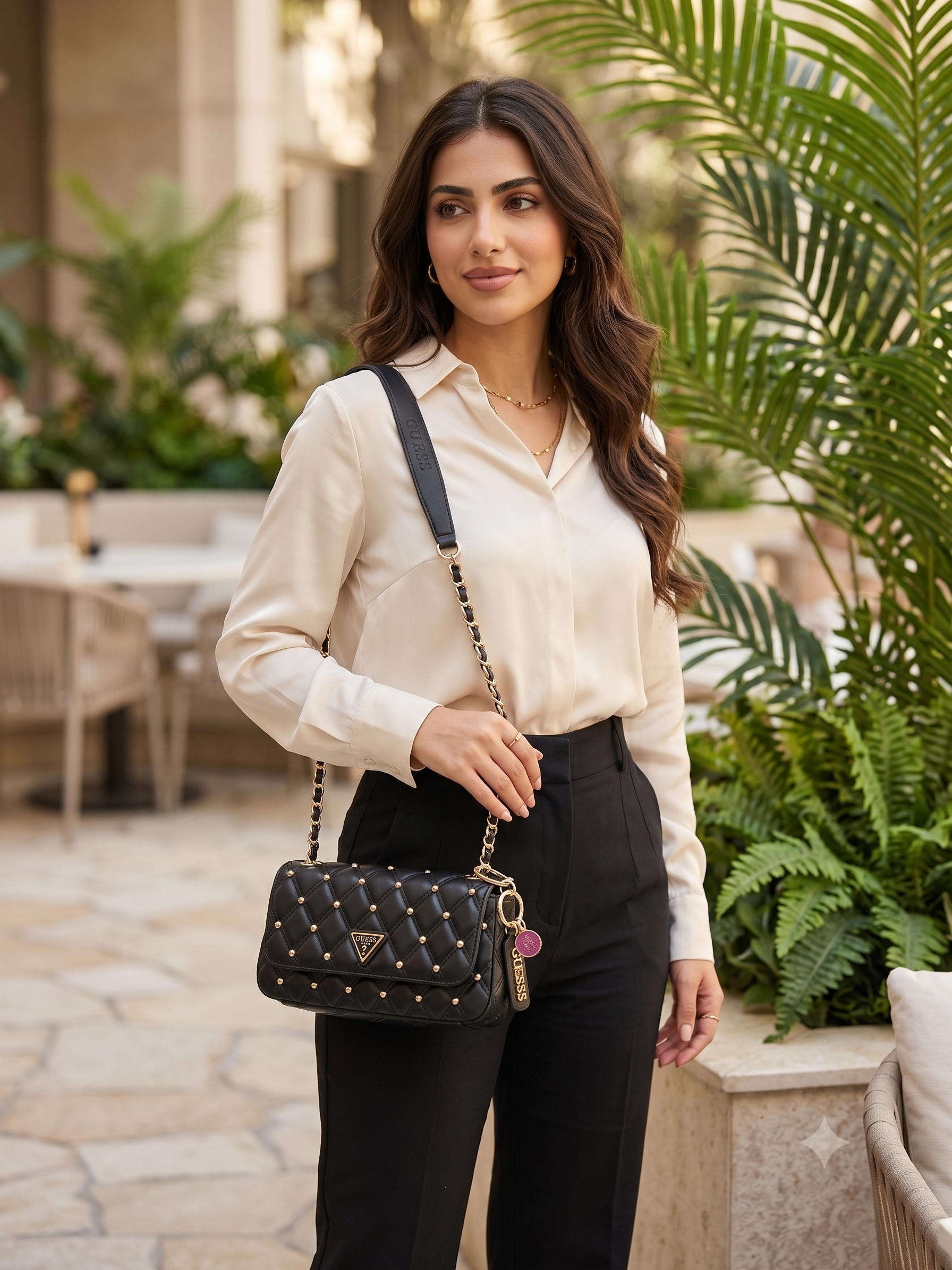 Guess Stella Siyah Kapitoneli Zımbalı Çapraz Çanta