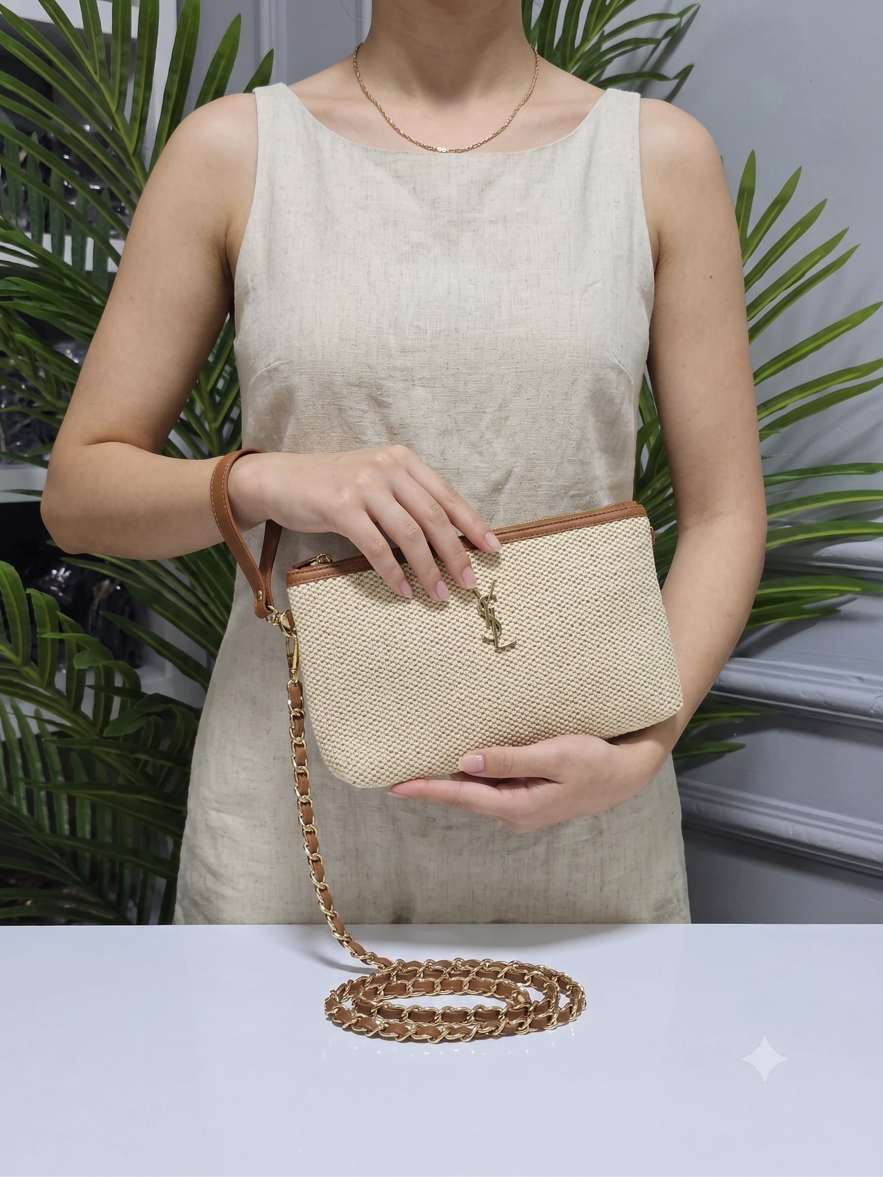 YSL Mia Bej Hasır Dokuma Zincirli Çapraz Çanta