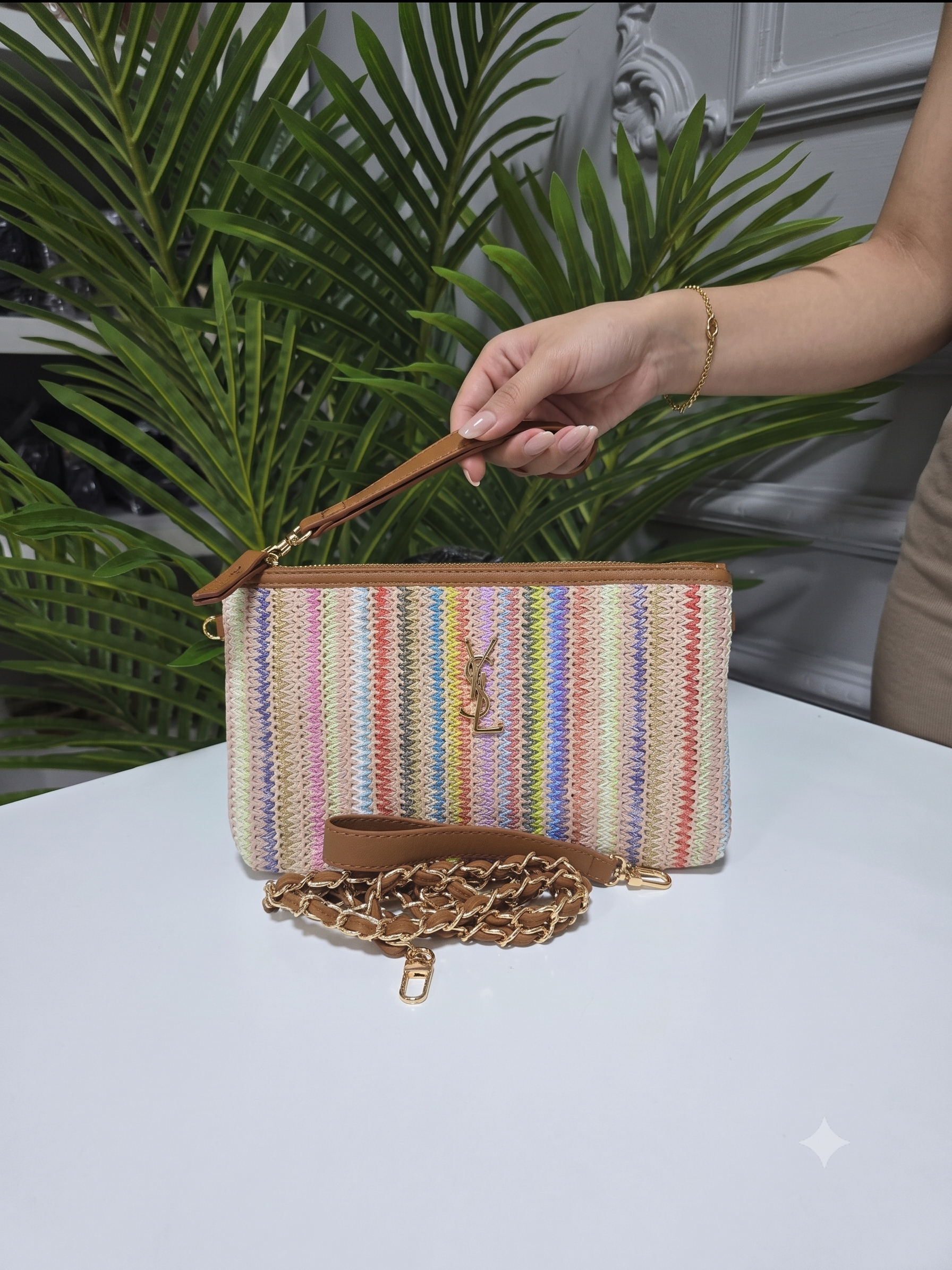 YSL Mia Pastel Çok Renkli Hasır Dokuma Zincirli Çapraz Çanta