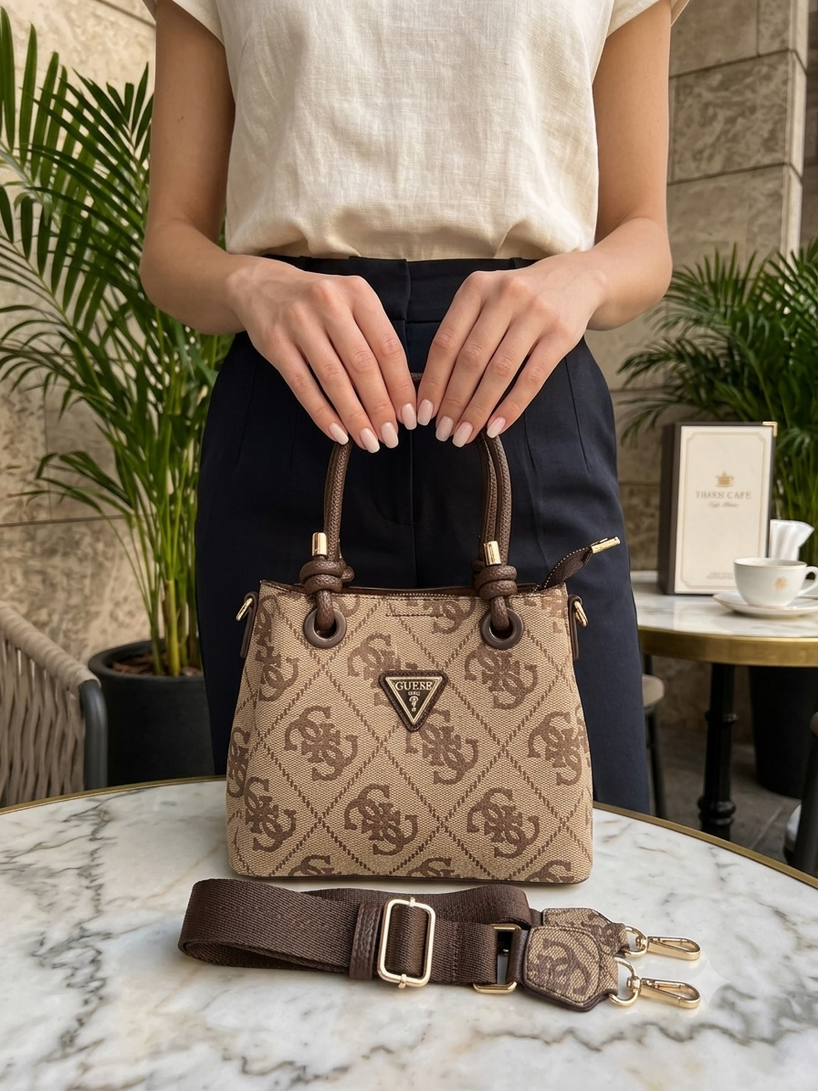 Guess Monogram Koyu Kahve Detaylı El ve Omuz Çantası