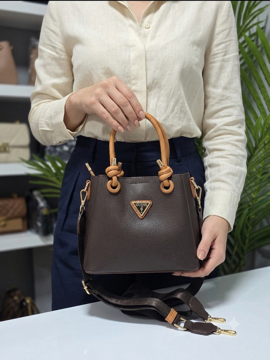 Guess Koyu Kahve ve Taba Detaylı El ve Omuz Çantası