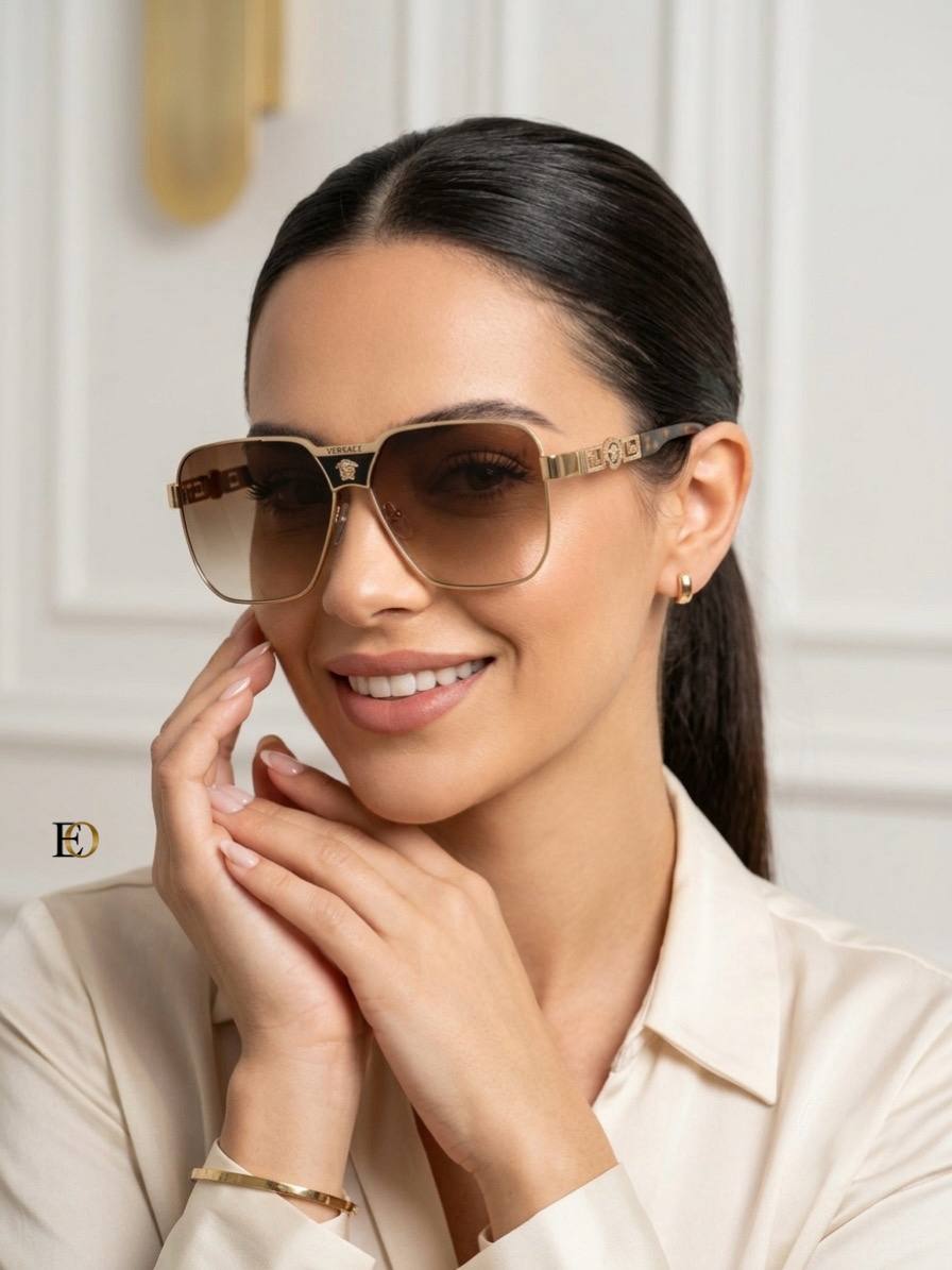 Versace Altın Çerçeveli Degrade Kahverengi Camlı Lüks Güneş Gözlüğü
