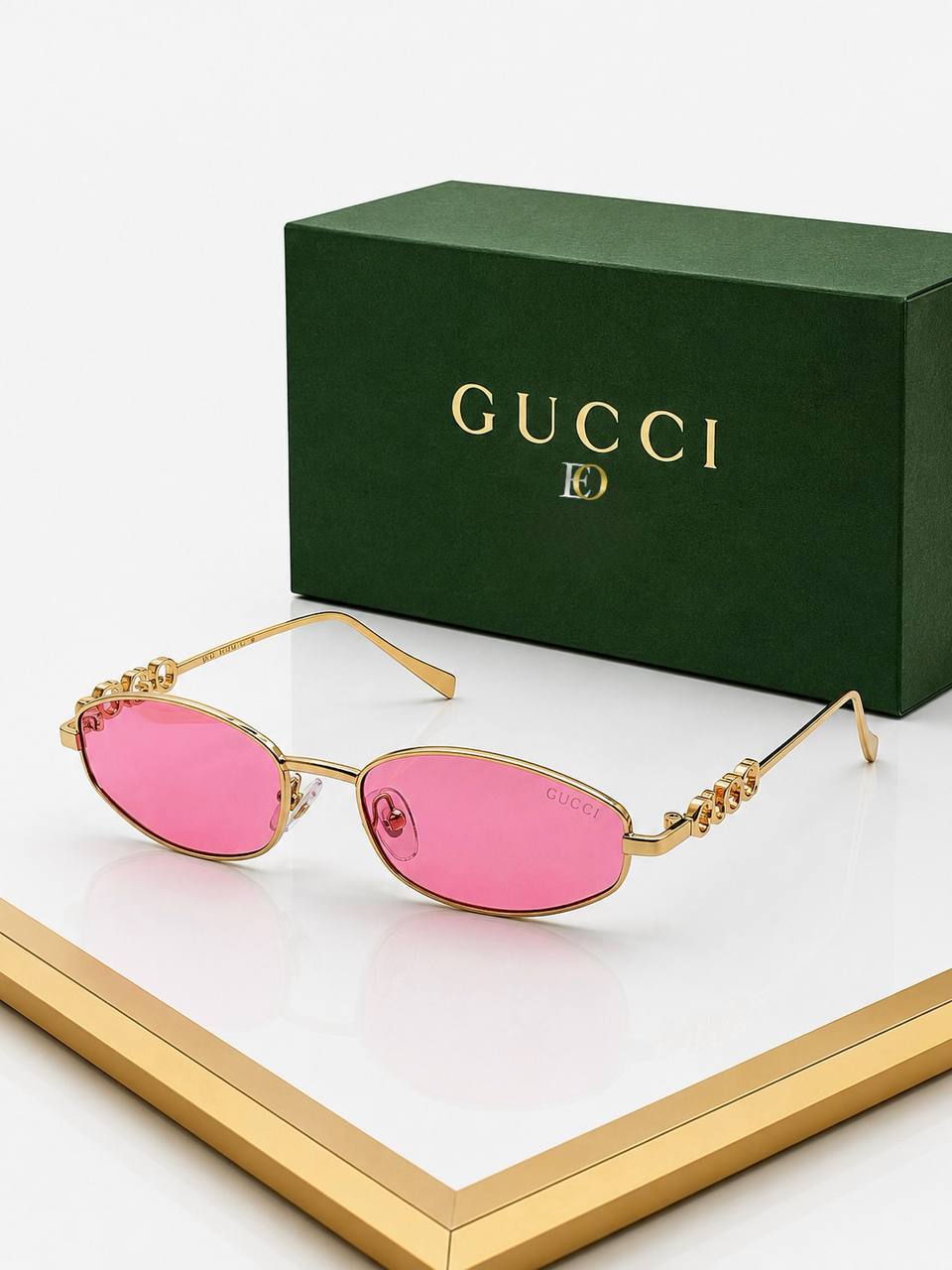 Gucci Altın Çerçeveli Pembe Camlı Lüks Oval Güneş Gözlüğü
