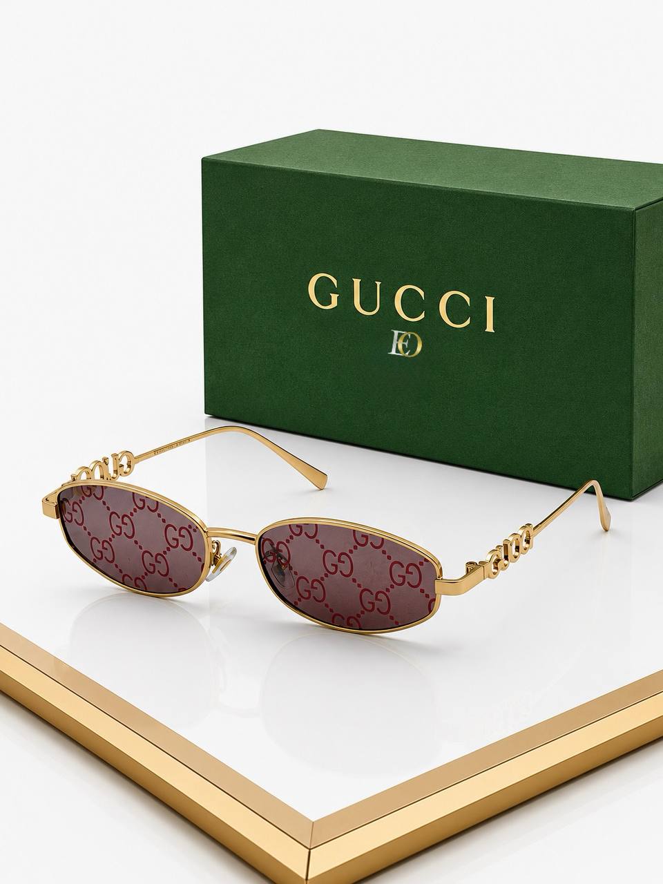 Gucci Monogram Desenli Altın Çerçeveli Kahverengi Camlı Lüks Oval Güneş Gözlüğü