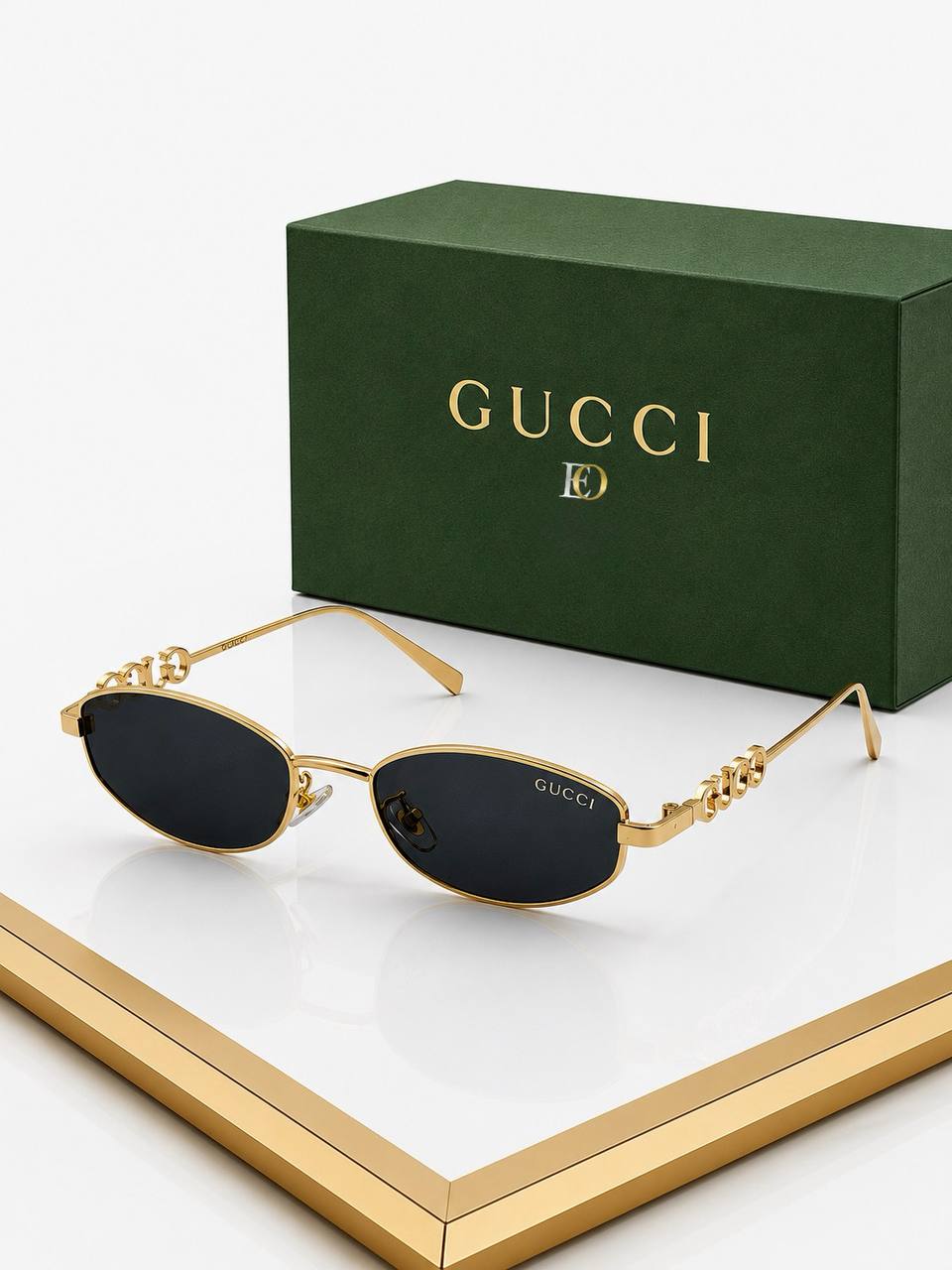 Gucci Altın Çerçeveli Siyah Camlı Lüks Oval Güneş Gözlüğü