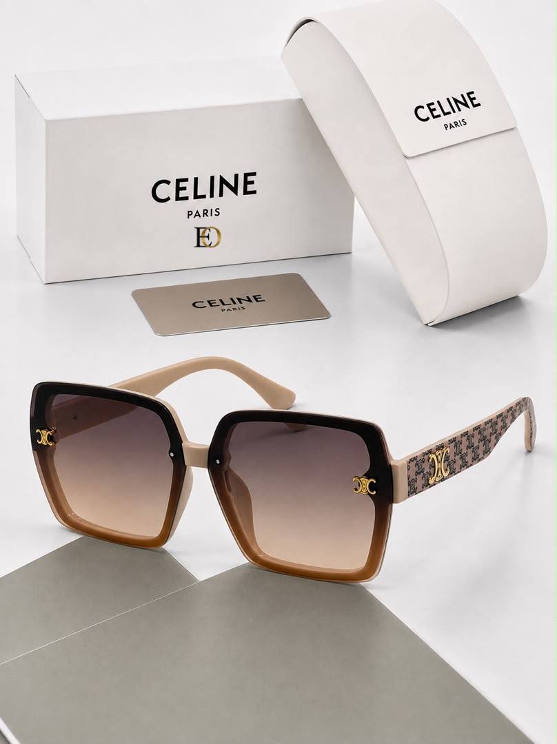 Celine Bej ve Kahverengi Çerçeveli Triomphe Desenli Saplı Degrade Güneş Gözlüğü