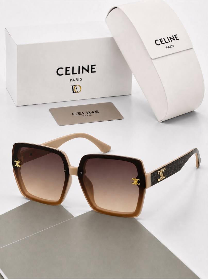 Celine Bej ve Bal Rengi Çerçeveli Triomphe Desenli Saplı Degrade Güneş Gözlüğü